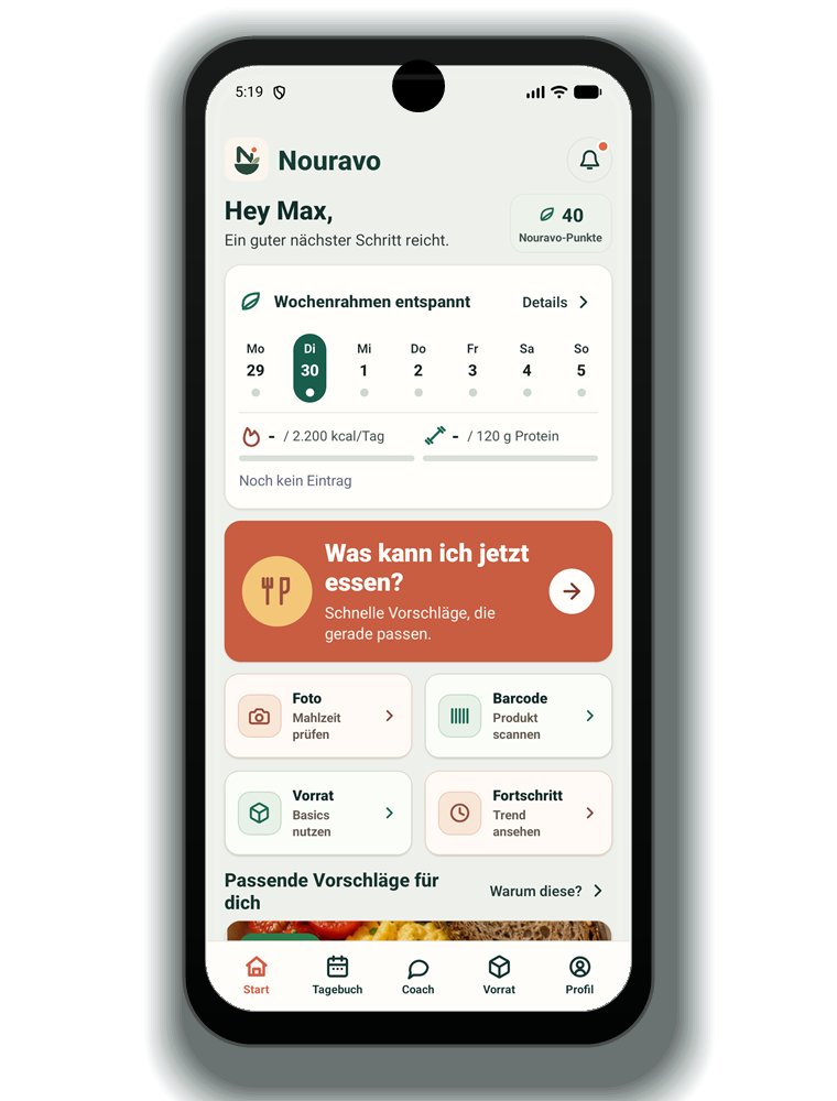 Nouravo App-Screenshot im Smartphone-Rahmen mit Wochenrahmen, Akut-Coach und App-Funktionen.